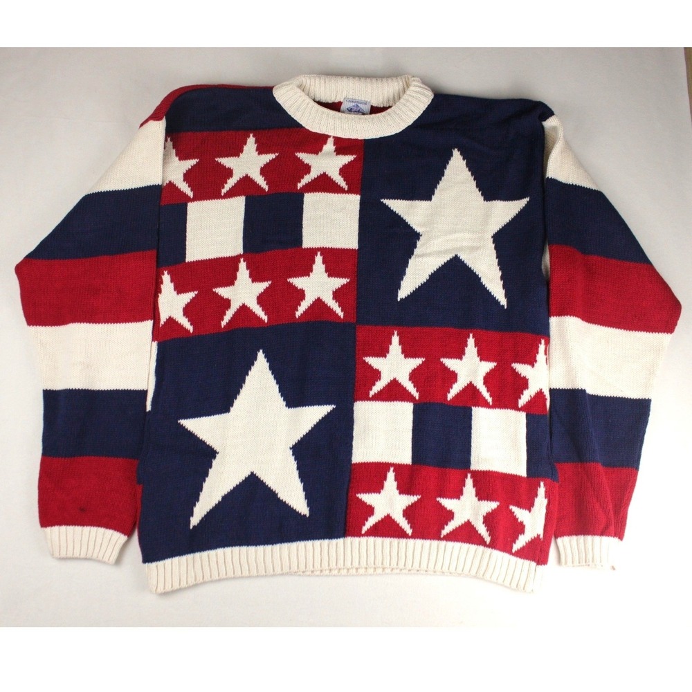 Vintage USA Flag Sweater‎ Cambridge Classics Stars Stripes Knit Cotton Mens L